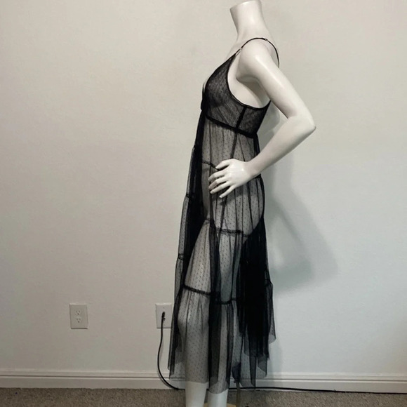 Black Polka Dot Sheer Sleeveless V-Neck Pullover Tiered Midi Dress Size M/L - Picture 4 of 8